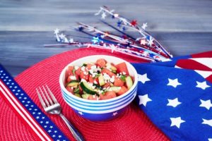 watermelon salad on red, white, blue background